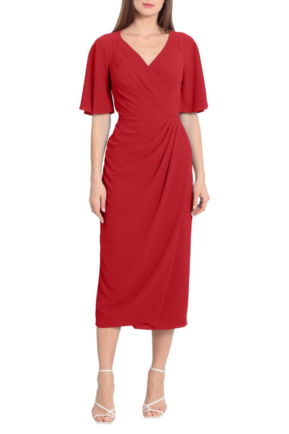 

Фальшиво-обернутое миди-платье с короткими рукавами в цвете ревеня Maggy London, Rhubarb