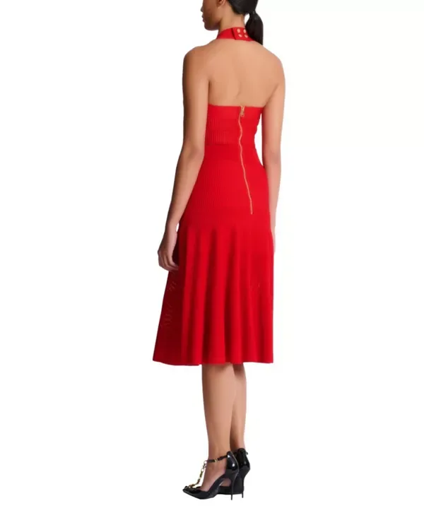 Плиссированное вязаное платье миди с воротником-халтером Balmain, Red — фото 4