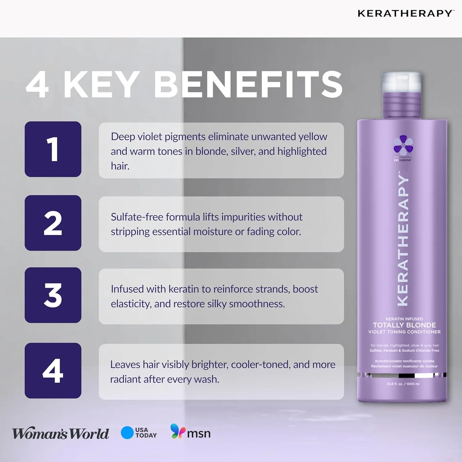 KERATHERAPY Totally Blonde Violet Toning Conditioner, 1000 мл, с кератином для блонда, седых и мелированных волос, без сульфатов и парабенов, purple — фото 4