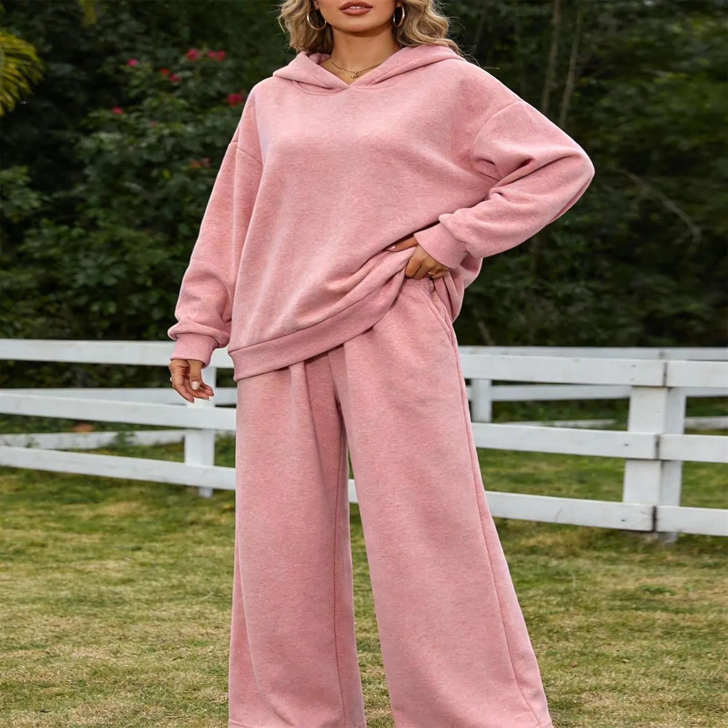 Женский спортивный костюм 2 предмета, худи, свободные широкие штаны, Pink — фото 3
