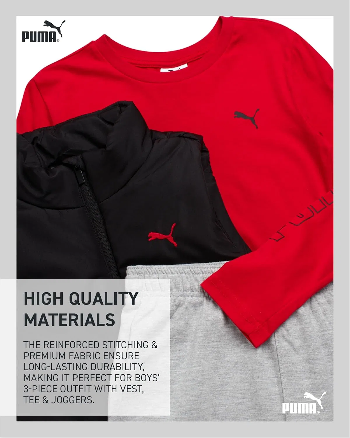 Детский спортивный костюм PUMA, 3 предмета: жилет, футболка с длинным рукавом, флисовые джоггеры, Red/Black/Grey — фото 4