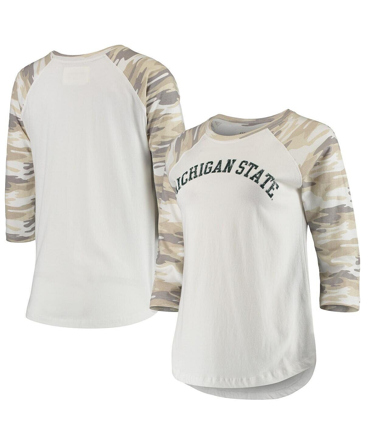 

Женская бело-камуфляжная футболка Michigan State Spartans Boyfriend Baseball Raglan с рукавами 3/4 Camp David