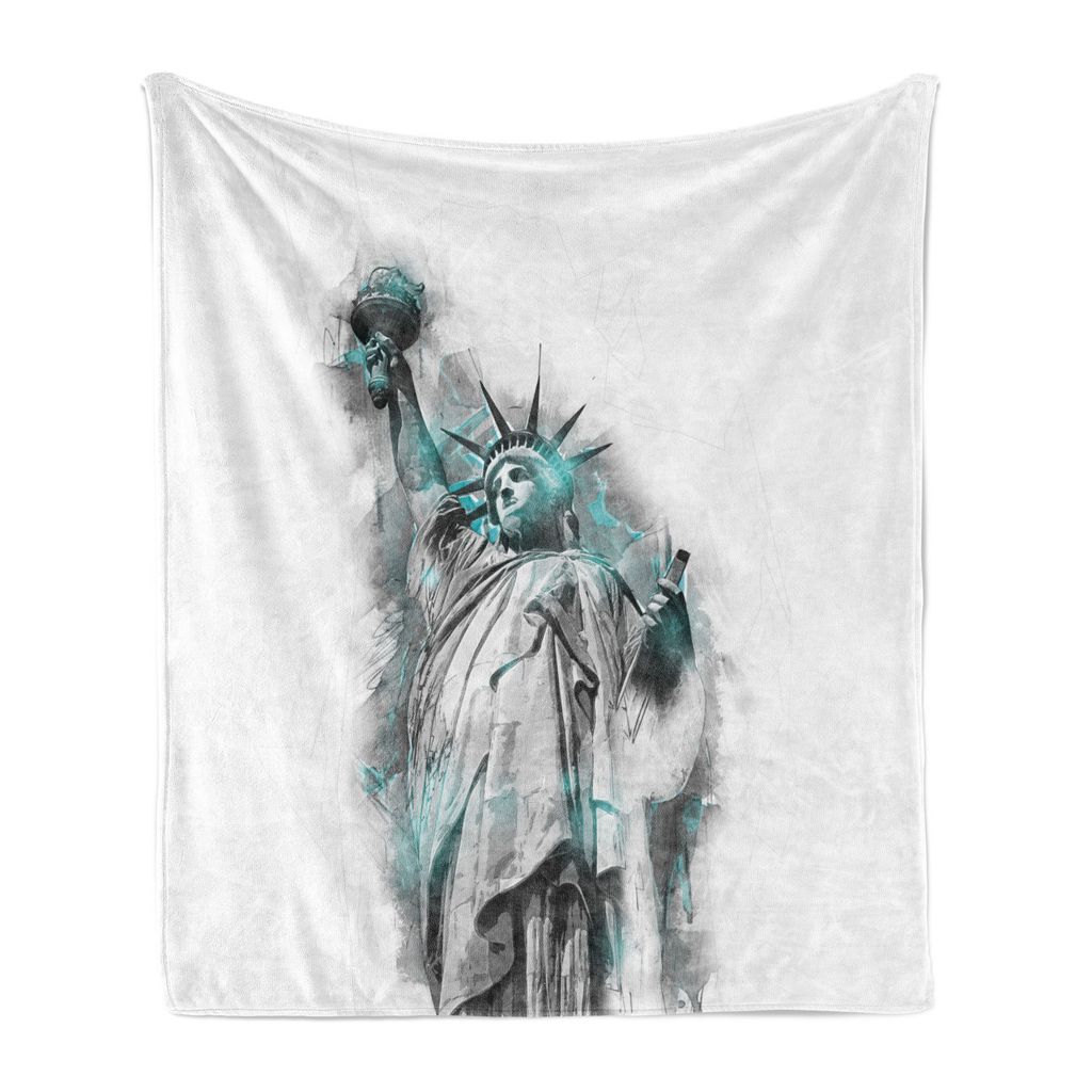 

ABAKUHAUS Угольное мягкое фланелевое флисовое одеяло, Lady Liberty Geometric Art, уютный плюш для использования в помещении и на улице, 125 x 175 см, жемчужный морской пенопласт, белый