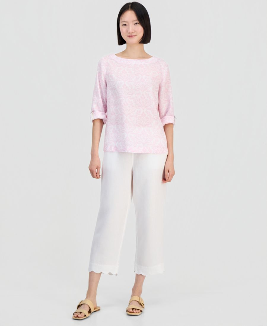 

Женские укороченные брюки из 100% льна с фестончатым краем и широкими штанинами Charter Club, Bright White