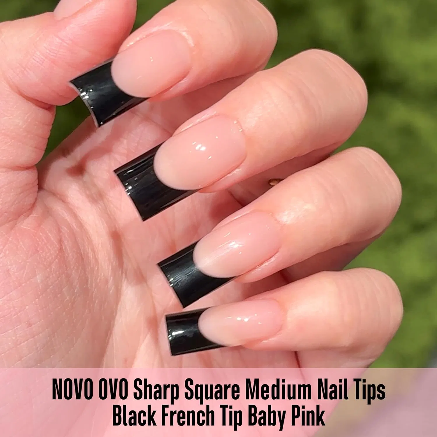 Накладные ногти «Black French Tip» от NOVO OVO Novo Ovo, Meidum Sharp Square Black French Tip Nail Tips Baby Pink 180_Eu — фото 2