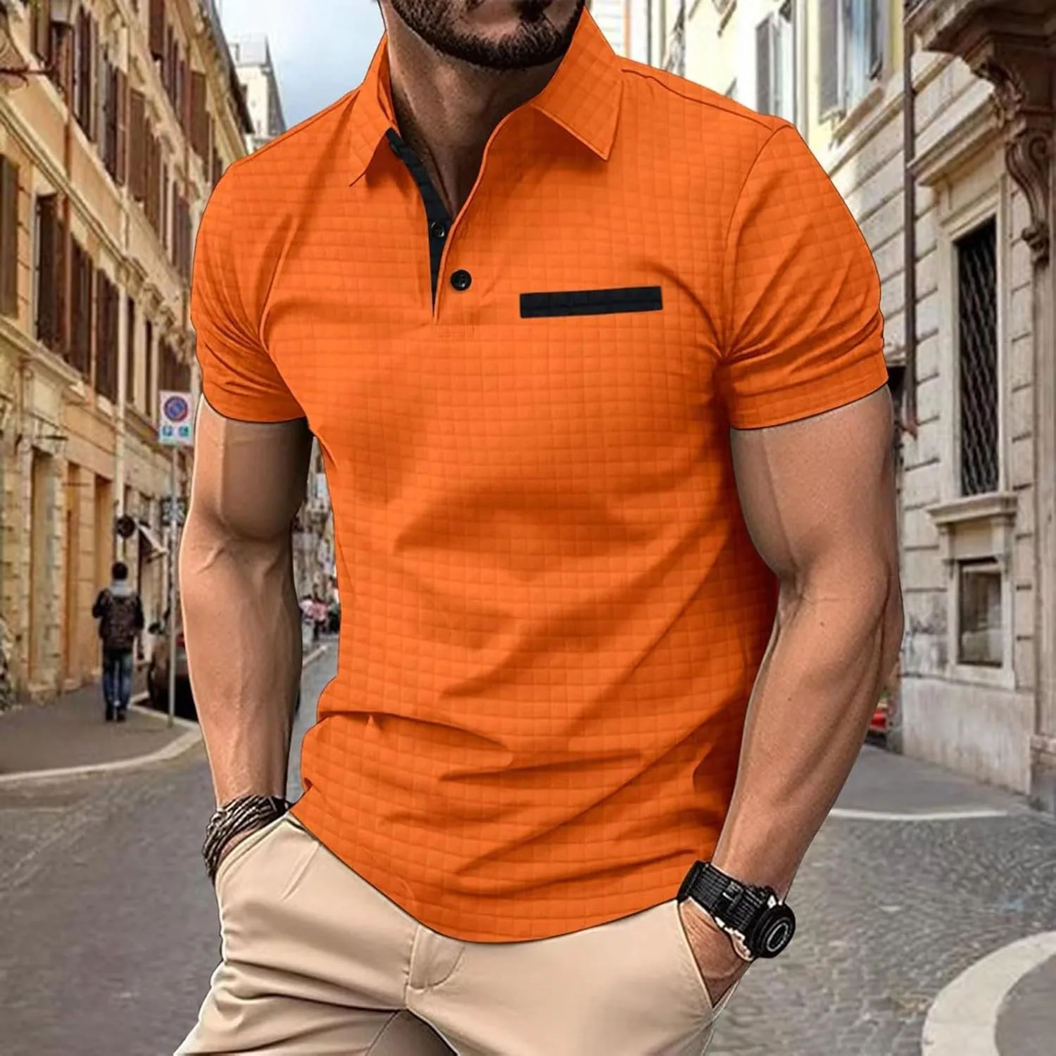 Мужская поло с вафельной текстурой, короткий рукав, slim fit, цветной блок — фото 2