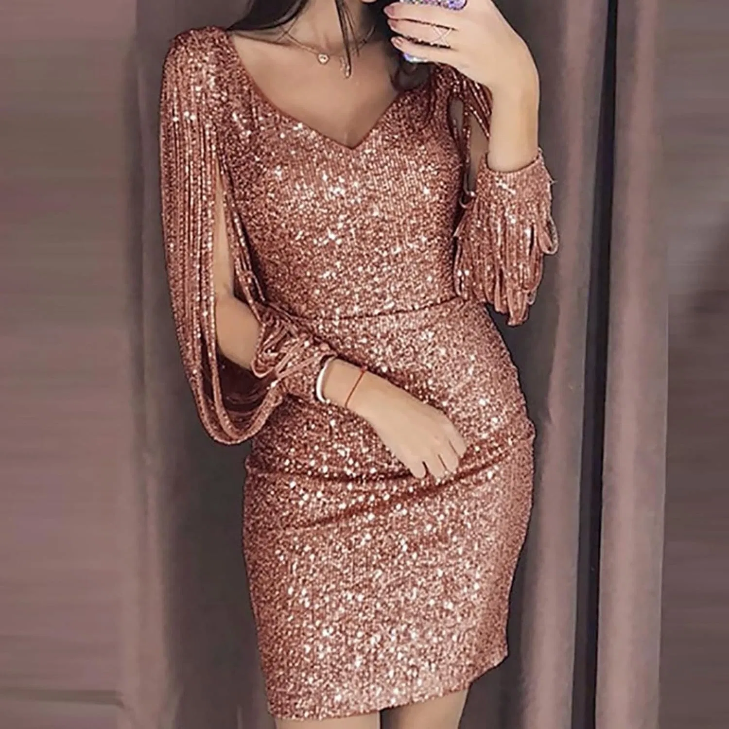 Платье Sexy Sequined Shining с вышивкой, мини, однотонное, с рукавами, для клуба, летнее, для женщин 2023 Generic, хаки — фото 2