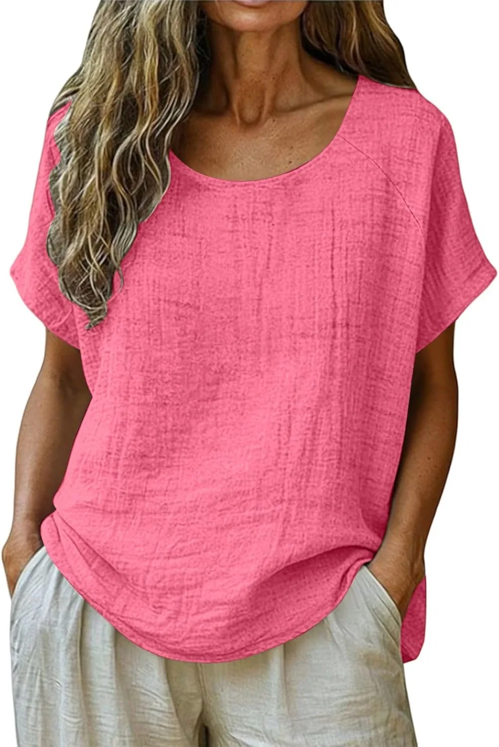 Блуза из льна, свободный крой, Hot Pink