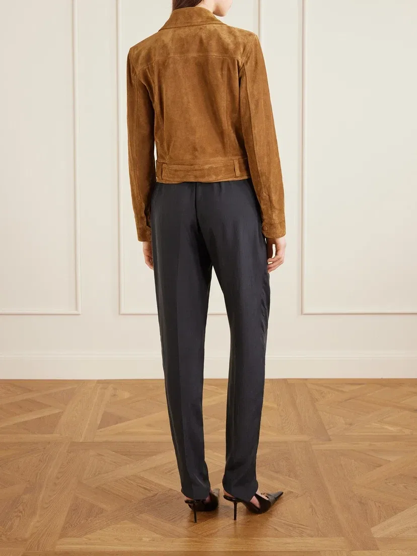 Укороченная замшевая куртка с поясом SAINT LAURENT, коричневый — фото 4