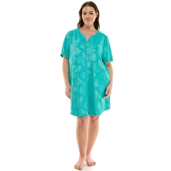 

Плюс сайз махровый халат с молнией и медовым узором Croft & Barrow, цвет filli palm leaves turq