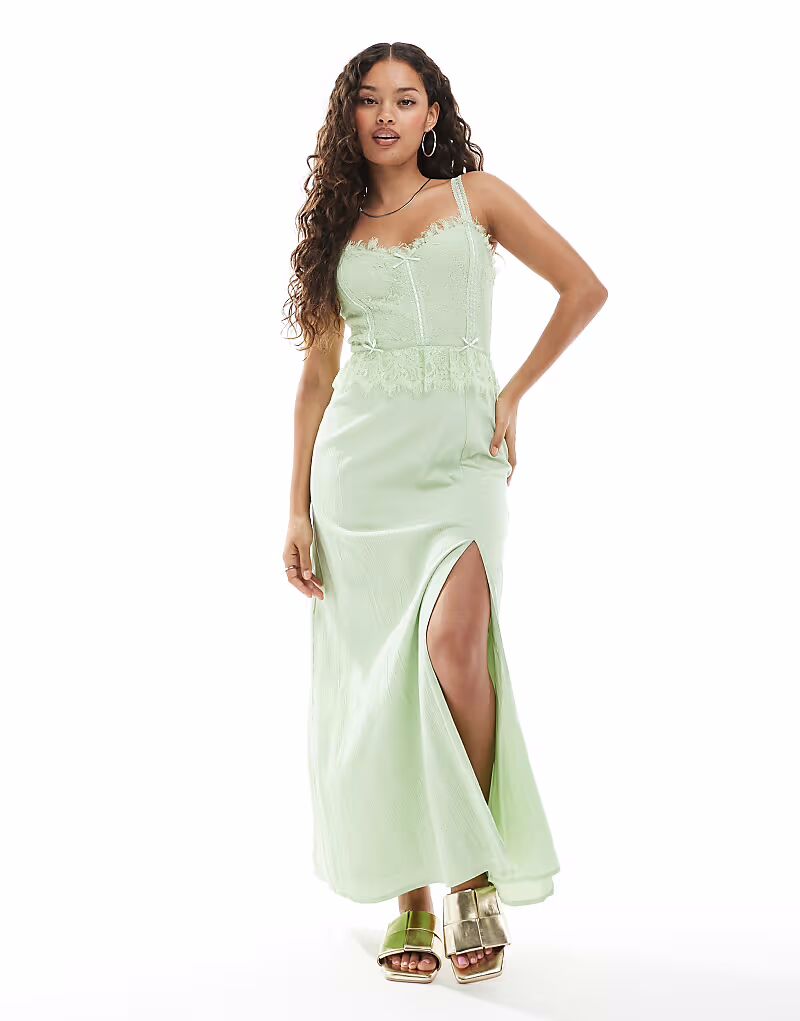 

Платье-корсет макси Miss Selfridge Petite из марли с отделкой лентами зеленого цвета