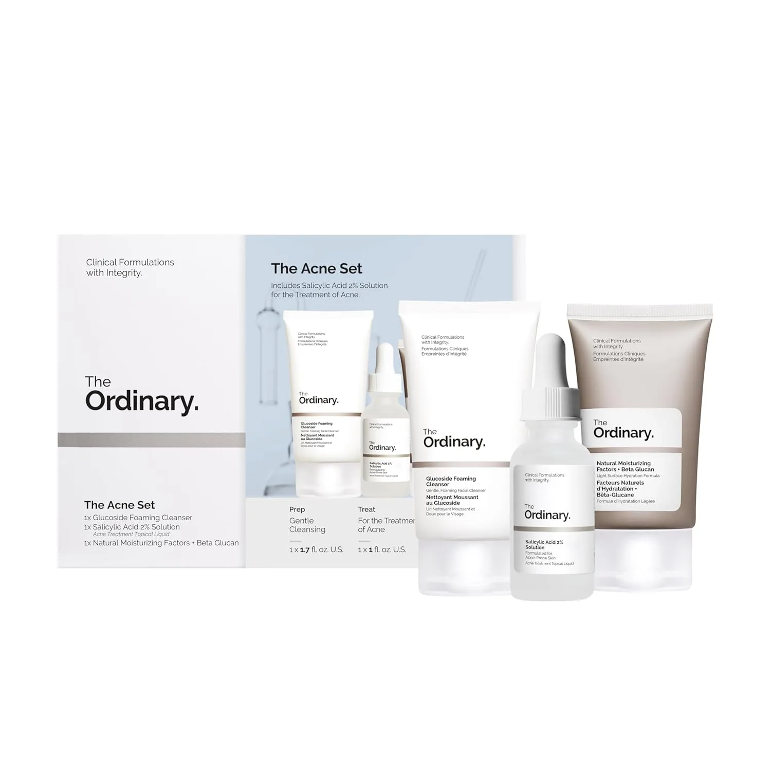 The Ordinary The Acne Set, 3-шаговая система ухода с очищающей пенкой Glucoside, раствором салициловой кислоты 2% и увлажняющим кремом Natural Moisturizing Factors + Beta Glucan
