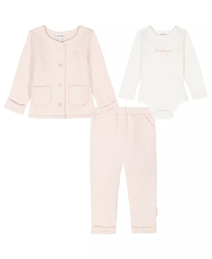

Комплект для девочек из 3 предметов: боди с длинными рукавами, куртка и штанишки Calvin Klein, розовый