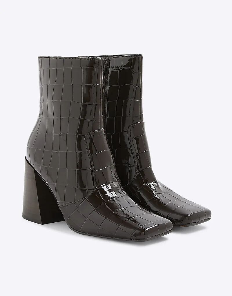 Ботинки River Island Croc с расклешенным каблуком, коричневого цвета с темным оттенком — фото 2