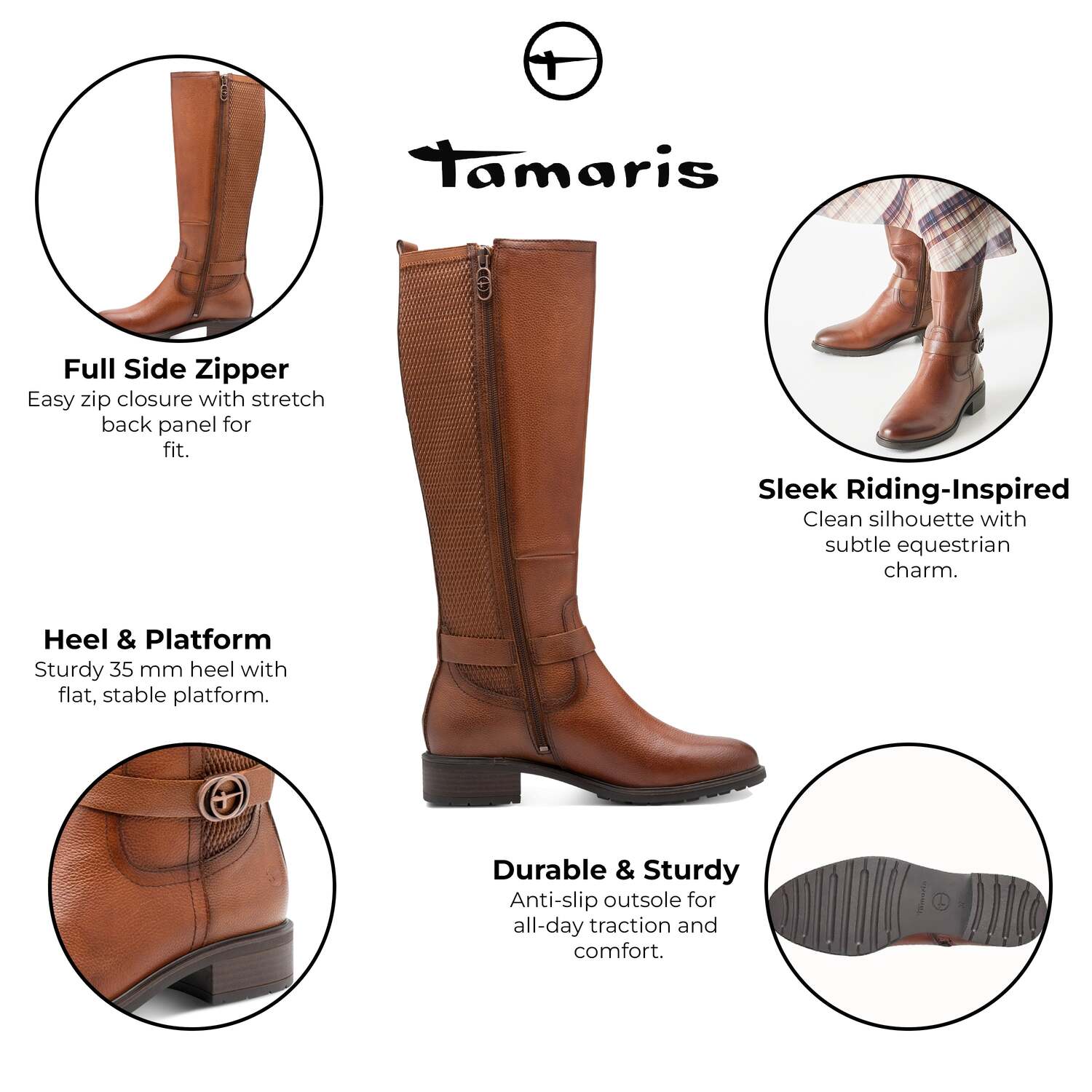 Tamaris Женские высокие кожаные сапоги для верховой езды в цвете коньяк TMRS, Tan — фото 2