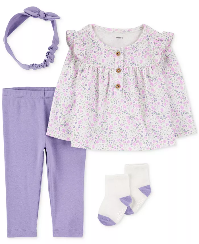 

Комплект для девочки: топ, повязка на голову, брюки и носки с цветочным принтом, 4 предмета Carter's, фиолетовый