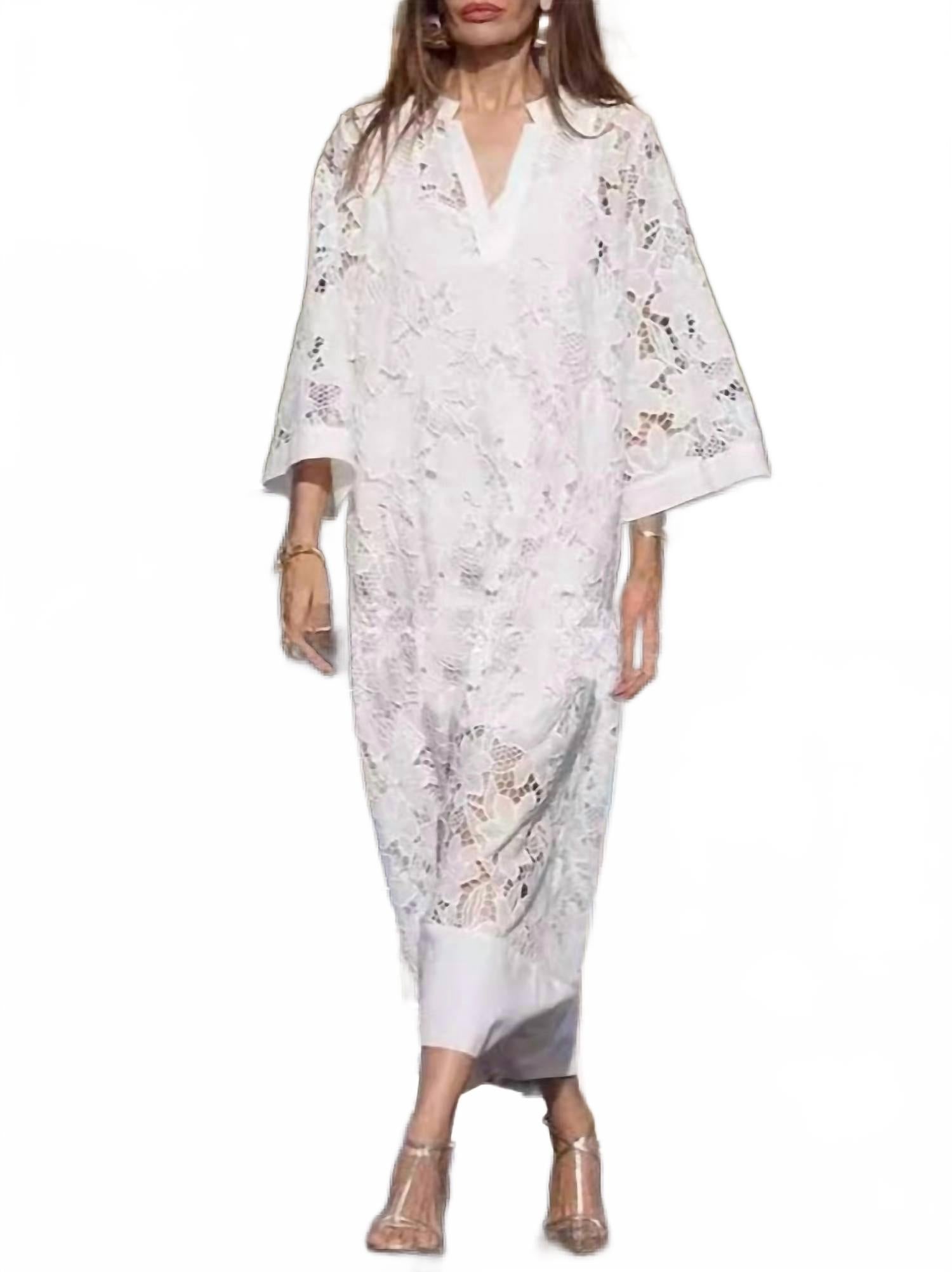 

Белое платье с V-образным вырезом и колоколообразными рукавами в технике вязания крючком JADE BY JANE