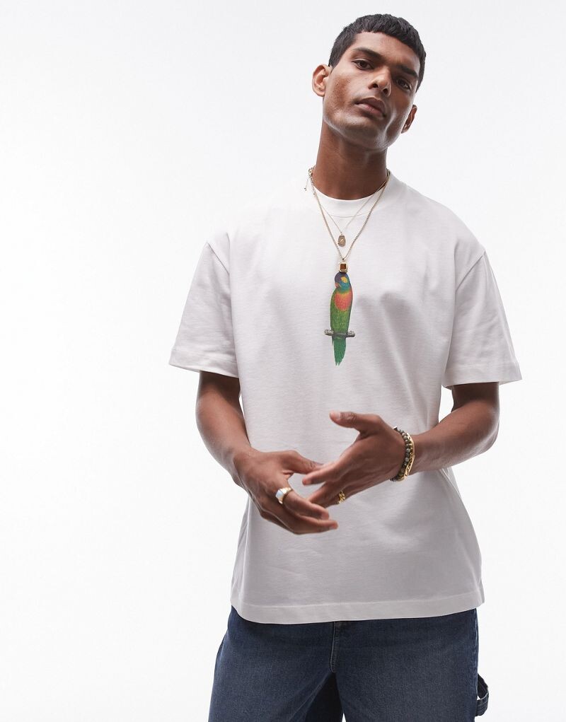 

Topman Premium – футболка оверсайз цвета экрю с изображением попугая