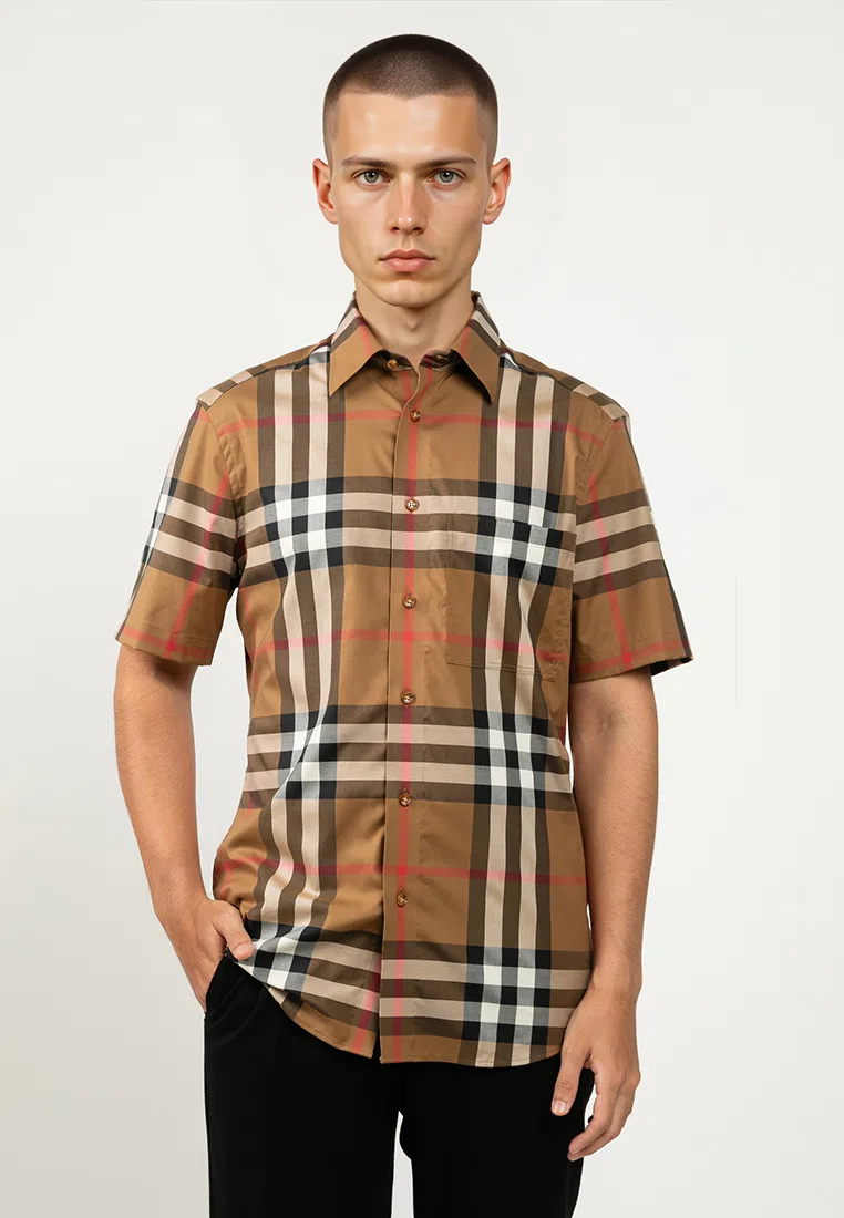 Рубашка мужская с коротким рукавом Claverdon Burberry, клетчатая, коричневый