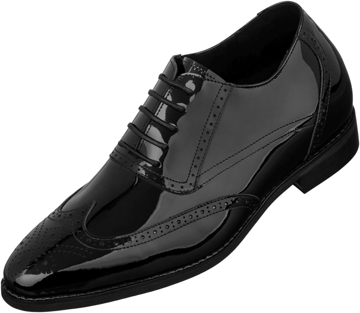 

Мужские невидимые туфли-лифтеры CALTO - черная лакированная кожа, шнуровка, носок с крылышками, формальные оксфорды - увеличение роста на 8 см - S1015 - размер 9,5 US D(M)