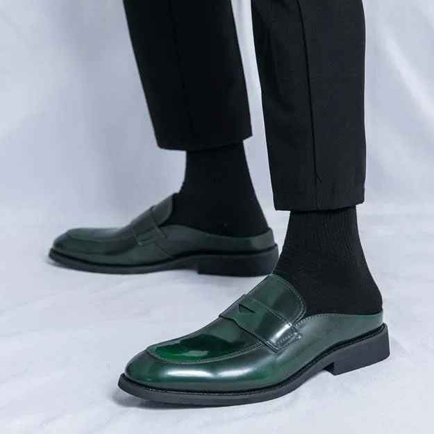 Мужские лоферы, кожаные, Half Shoes, Green — фото 2