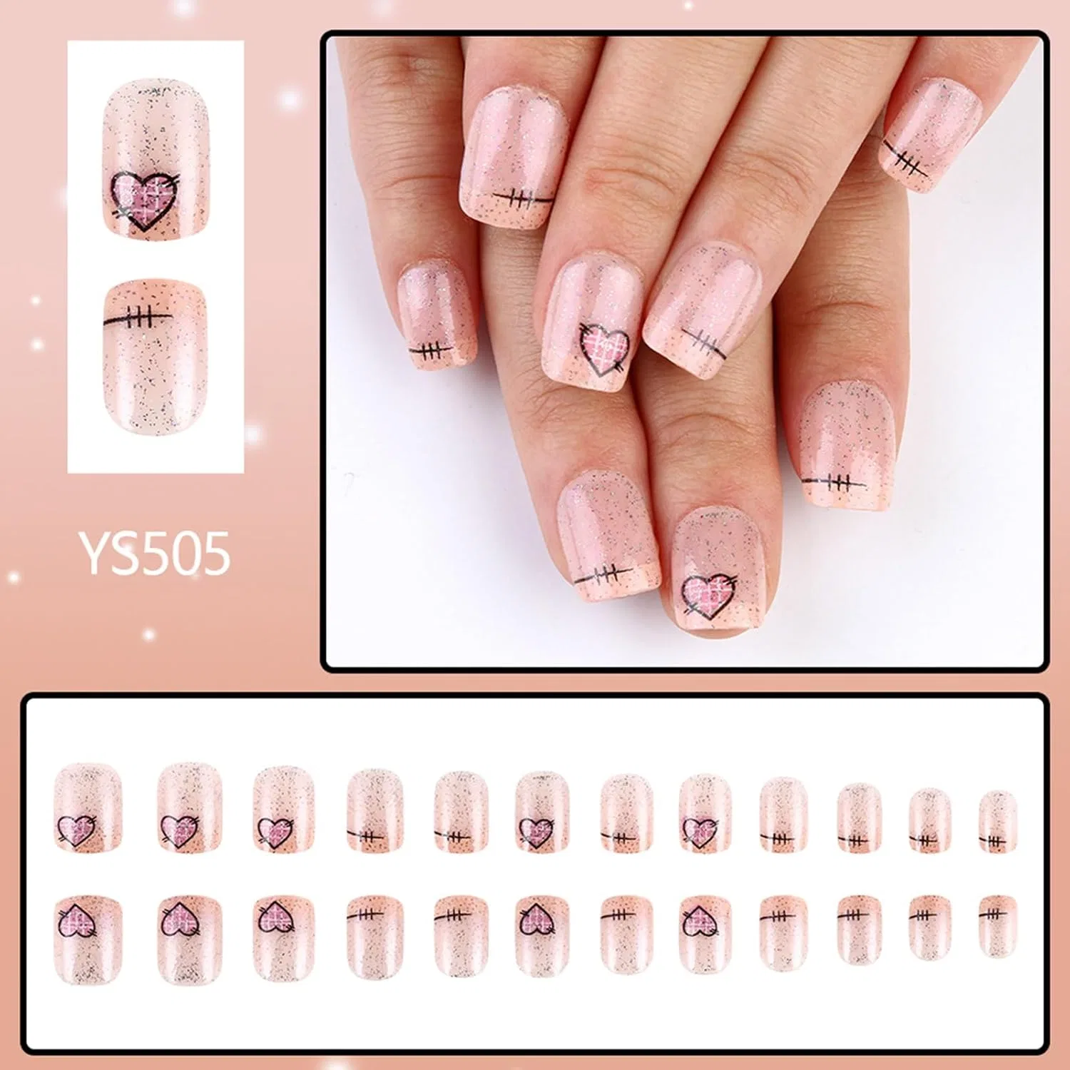 Короткие французские накладные ногти с сердечками для Дня святого Валентина (24 шт.) Yiqinzcxg — фото 2