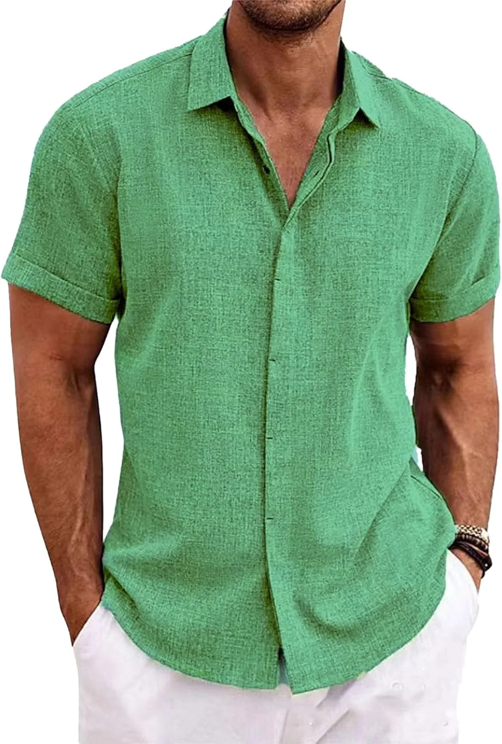 

Мужская льняная рубашка с воротником на пуговицах DGHM-JLMY