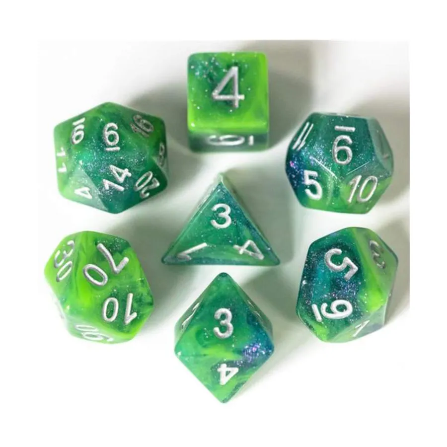 

Набор Poly — «Ночь с привидениями» с серебром (7), Dice Sets - Resin/Acrylic - Blue, Green, & Purple (Foam Brain Games)