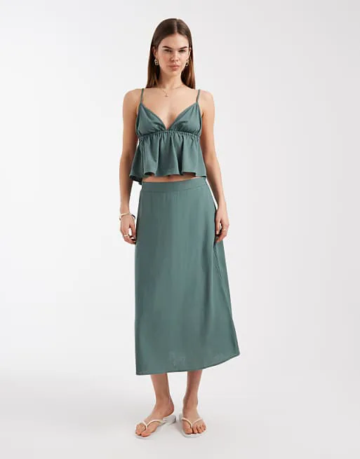 

Зеленая льняная юбка миди с эффектом прикосновения Vero Moda