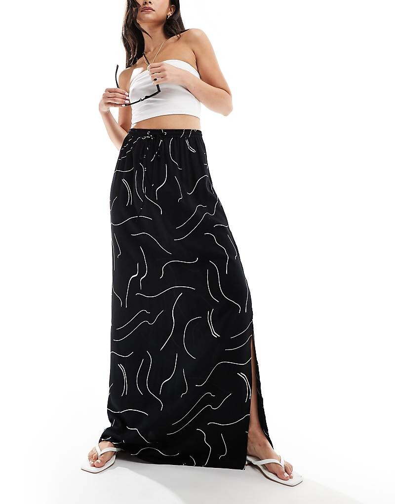 

ASOS DESIGN – Черная юбка макси с узором в виде линий белого цвета =f