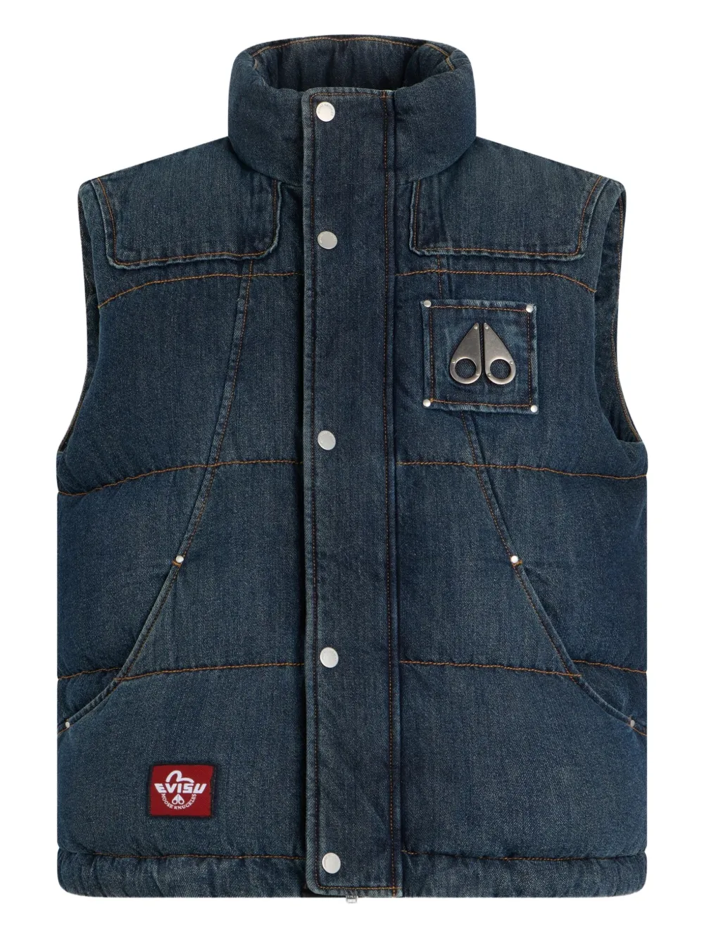 

Дутый жилет с нашивкой-логотипом из коллаборации с Evisu Moose Knuckles, синий