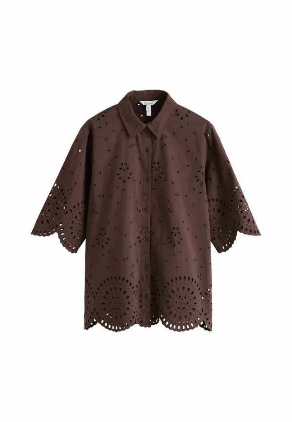 Блуза Next Petite fit broderie 3/4 sleeve shirt button down, шоколадно-коричневый