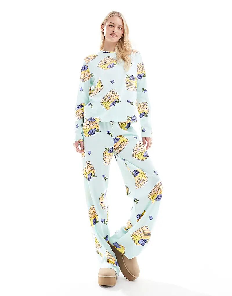 

Пижамный комплект Tall pancakes с длинными рукавами и брюками синего цвета ASOS DESIGN