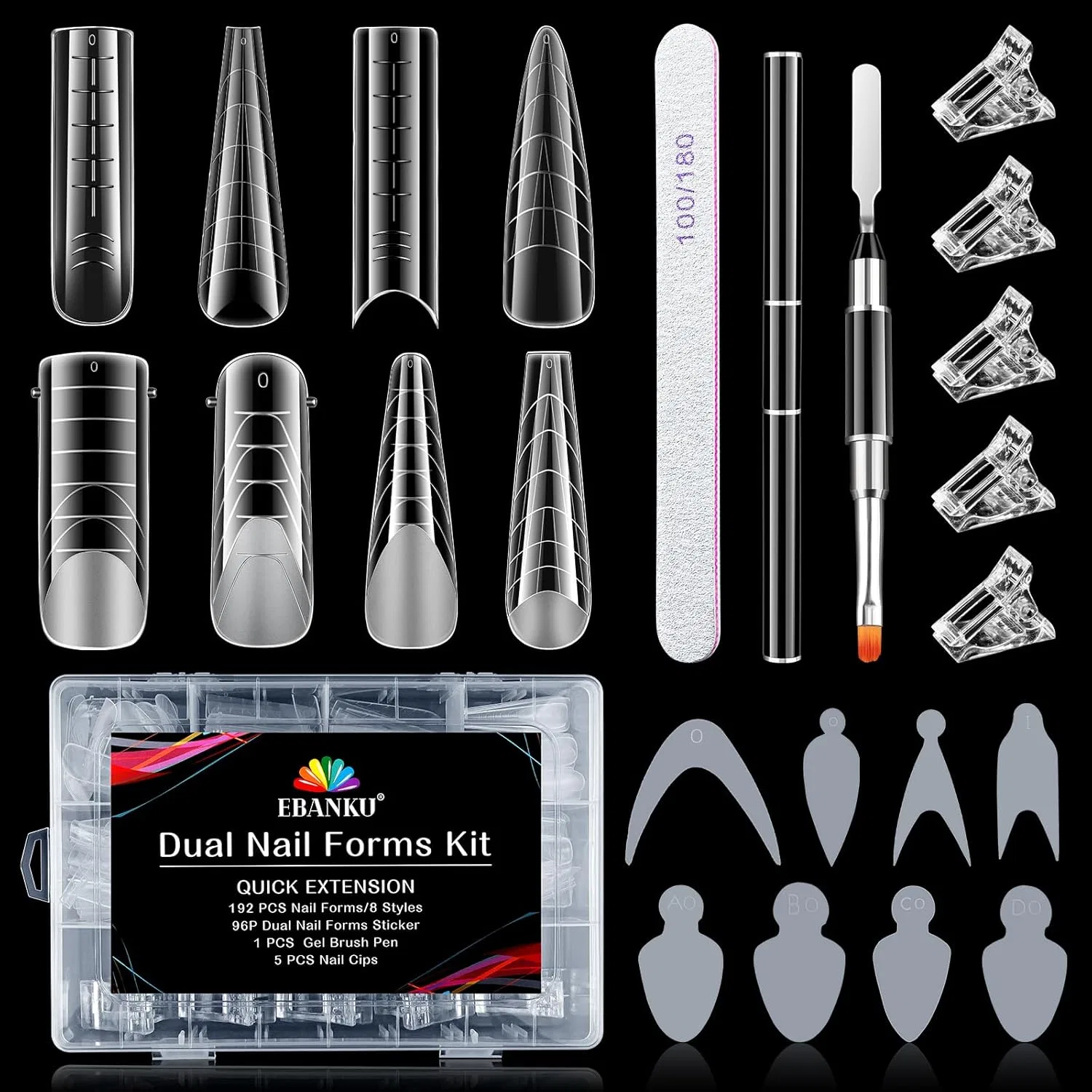 Набор для наращивания ногтей EBANKU, 192 прозрачные матовые формы Ebanku, 8 Styles Set