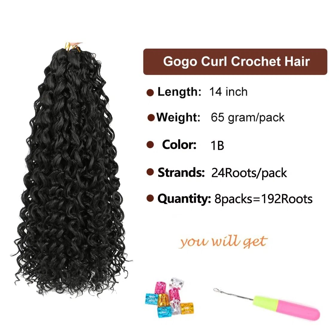 Синтетические волосы для афрокосичек GoGo Curl Crochet Braids Hair Wowcfyyds, 1B — фото 2