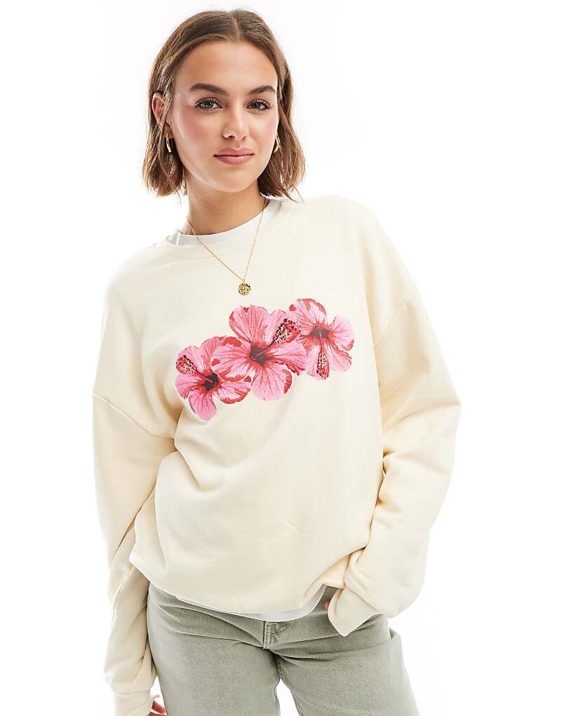 

ASOS DESIGN – Толстовка оверсайз цвета экрю с графикой гибискуса 3w