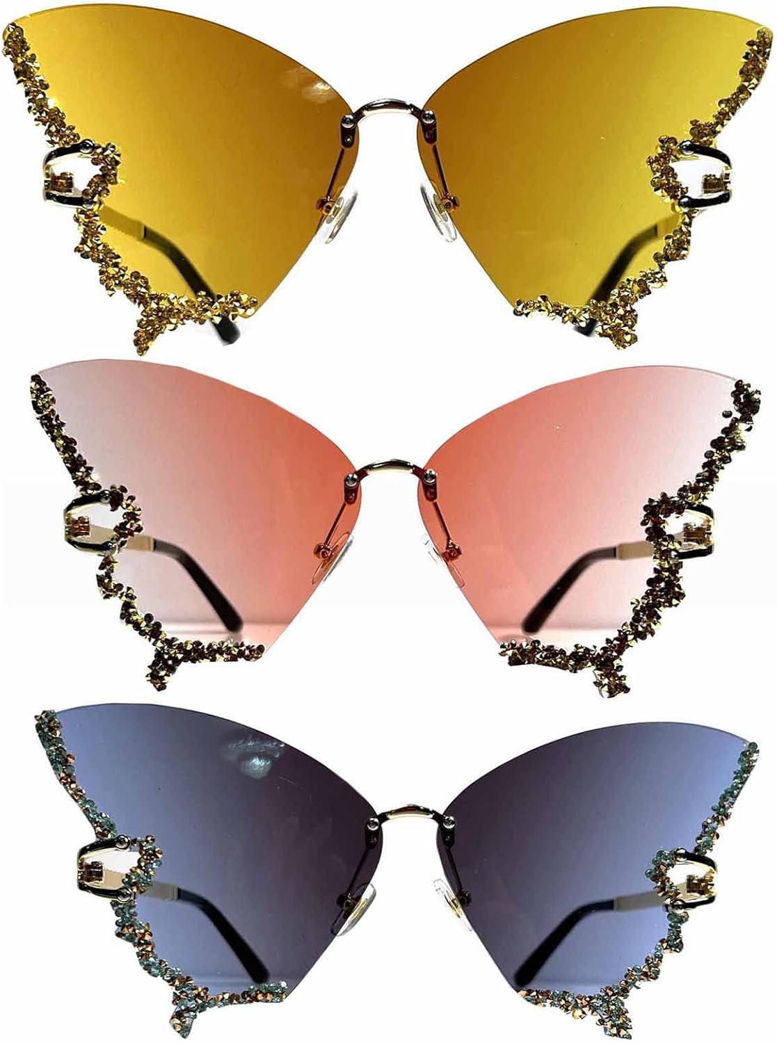 

Солнцезащитные очки Willochra с блестящими кристаллами и бабочками, женская металлическая оправа, градиентные солнцезащитные очки, женские очки без оправы со стразами, 3pcs-gray&yellow&pink