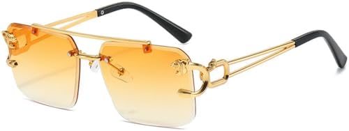 

Модные металлические солнцезащитные очки без оправы с леопардовым принтом для женщин и мужчин, солнцезащитные очки с двойным оправом, защита от УФ-излучения UV400 MTZJH, Gold Orange