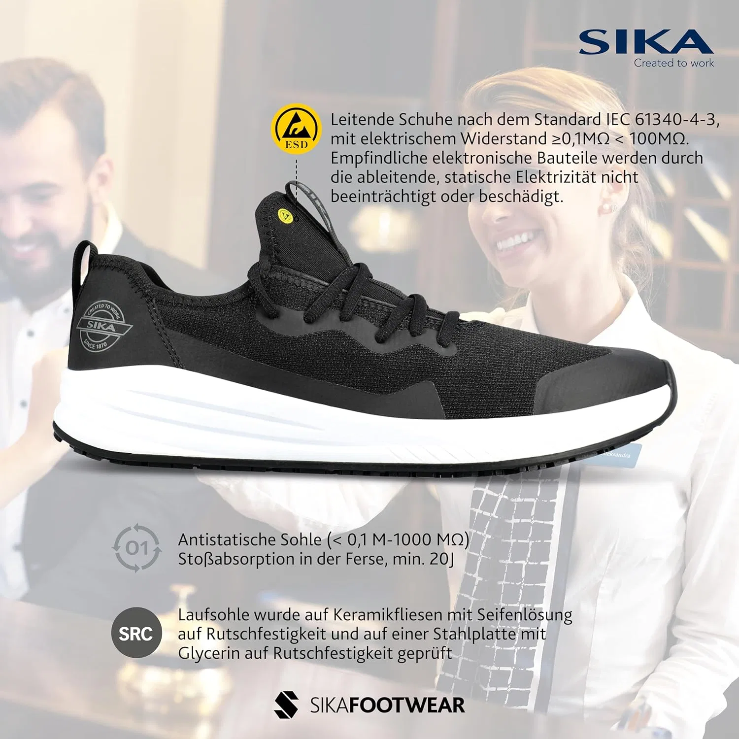 Рабочие кроссовки SIKA Trainers ESD для мужчин и женщин, модель O1 SRC, моющиеся, с высокой противоскользящей подошвой и амортизацией, мягкие, для медицинского персонала, больниц, официантов и отелей, Black White — фото 2