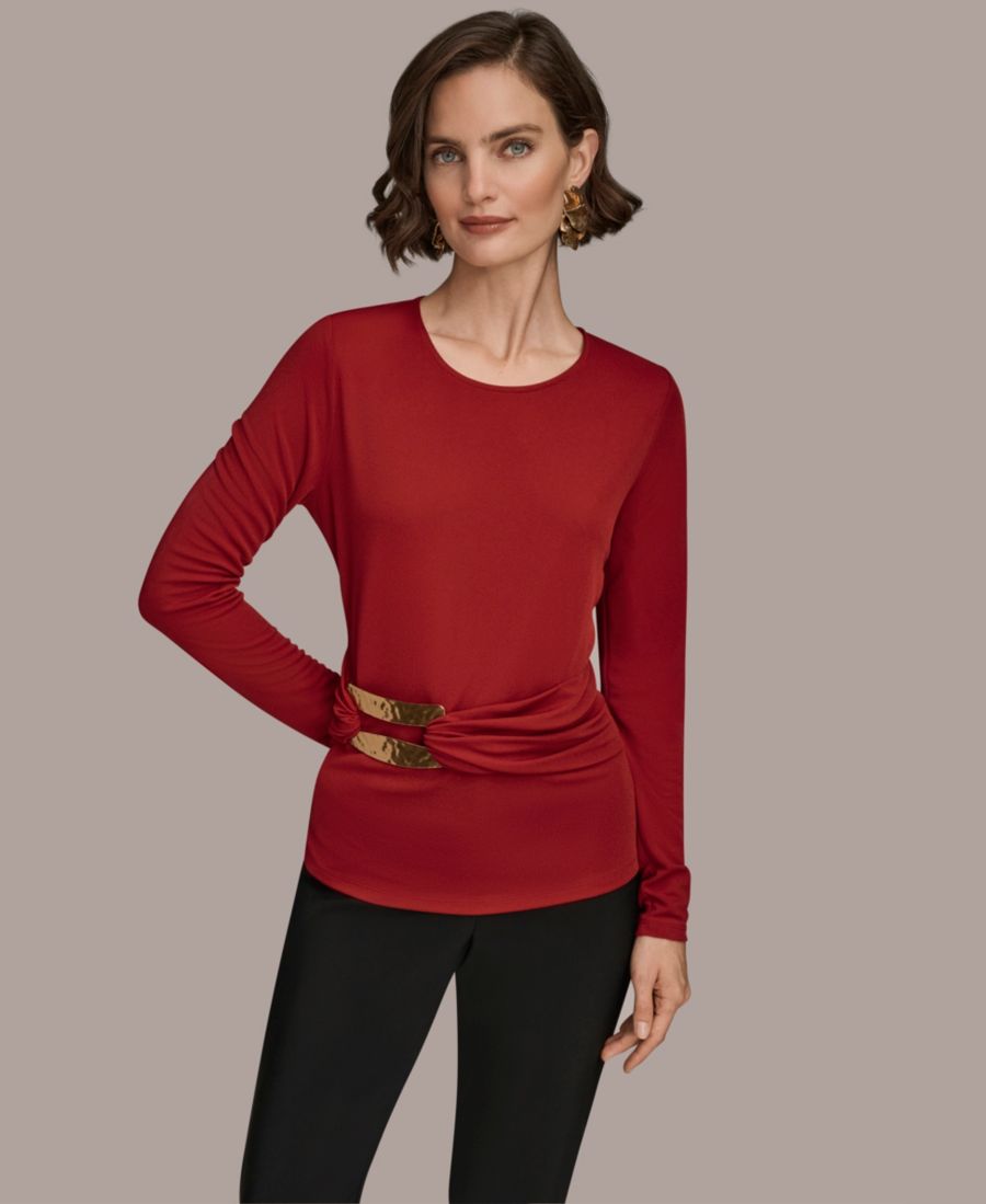 

Женская футболка с длинными рукавами и двойной металлической отделкой Donna Karan New York, Metropolitan Red