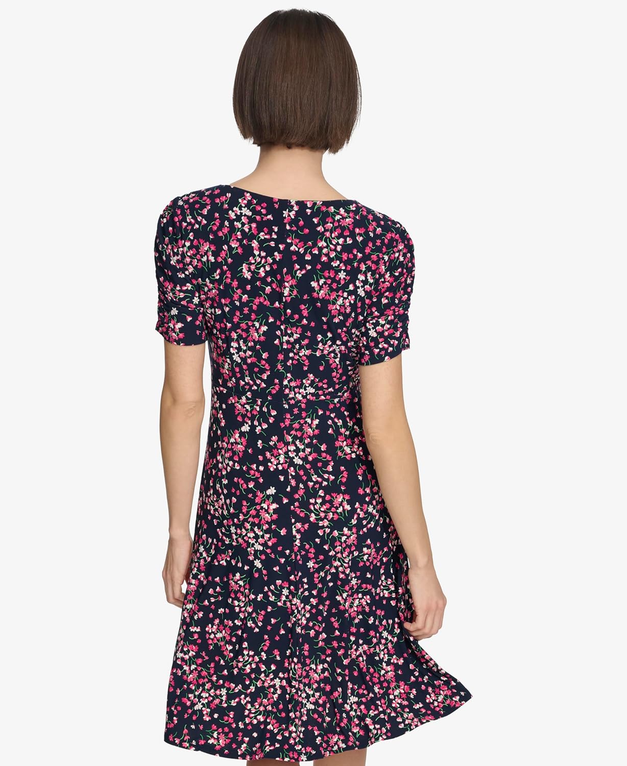 

Женское мини-платье Tommy Hilfiger с короткими рукавами, V-образным вырезом и сборками, А-силуэт, Sky Captain/Hot Pink