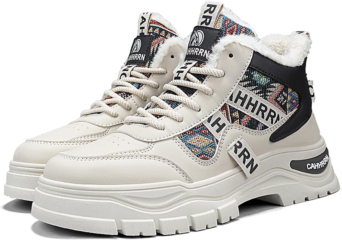 

Высокие кроссовки на платформе, бежевые с меховой подкладкой, массивная подошва, на шнуровке, с этническим узором Generic