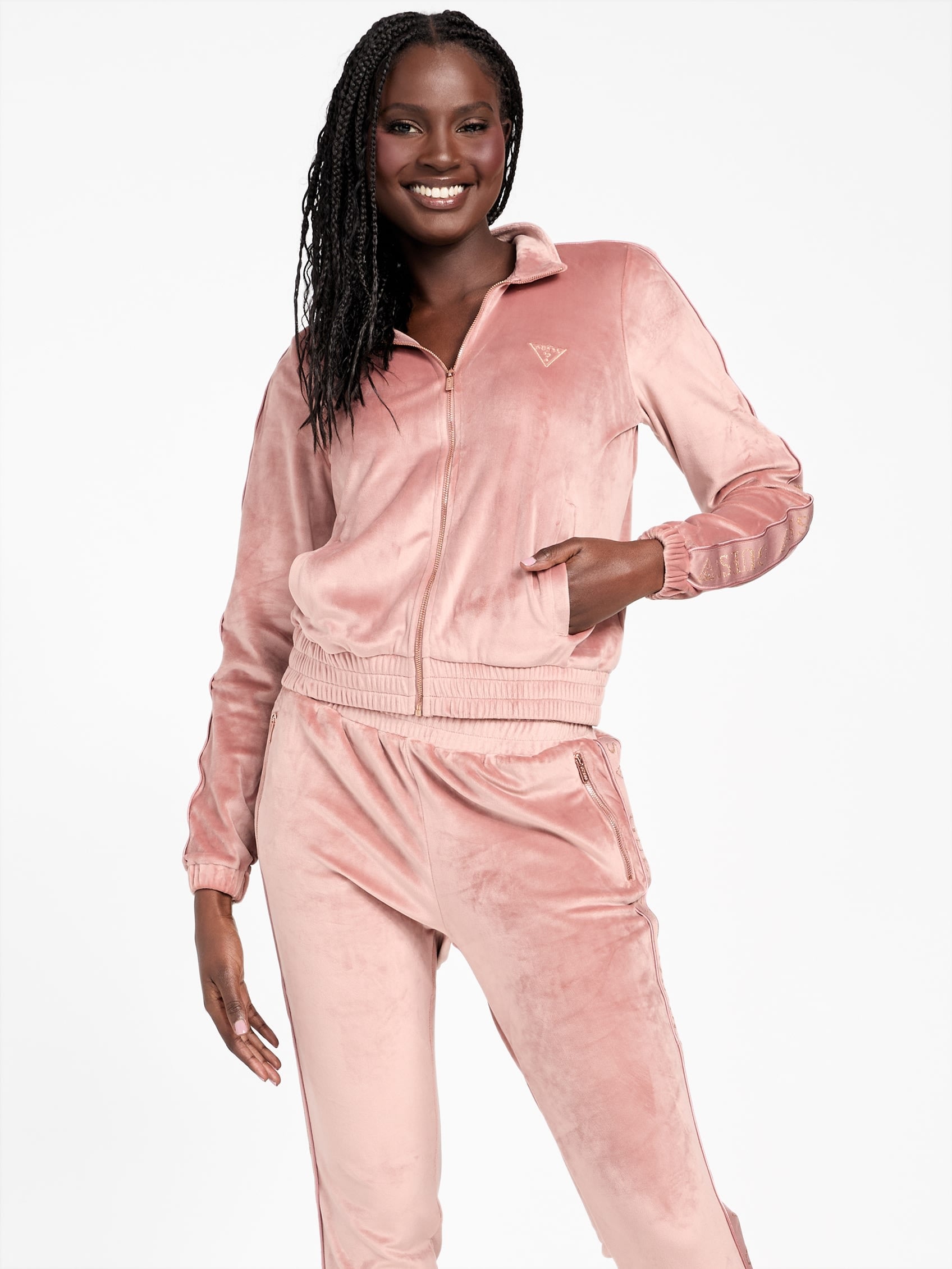 

Велюровая куртка с логотипом и лентой Eco Janess Guess Factory, цвет roasted chestnut