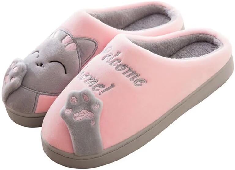 

Теплые домашние тапочки Zonkacen с антискользящей подошвой для женщин и мужчин с милым рисунком кота, серый