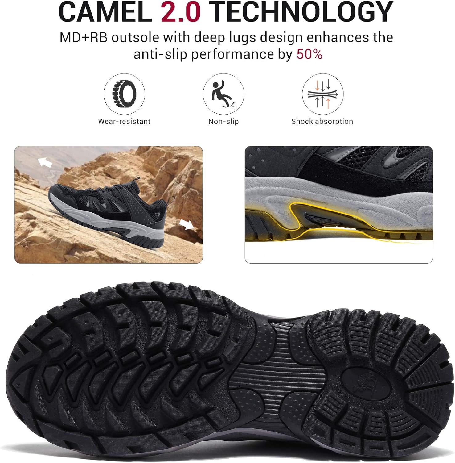 Мужские походные кроссовки CAMELSPORTS, легкие, с противоскользящей подошвой, дышащие, низкие, для прогулок на открытом воздухе, трекинга, пеших походов и скалолазания, черный — фото 3