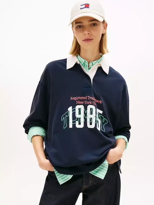 Футболка для регби оверсайз с логотипом, темно-синяя Tommy Hilfiger