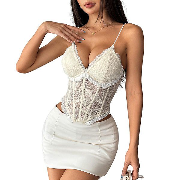 

Женский кружевной корсетный топ с V-образным вырезом, рюшами и встроенными вкладками Clearflower