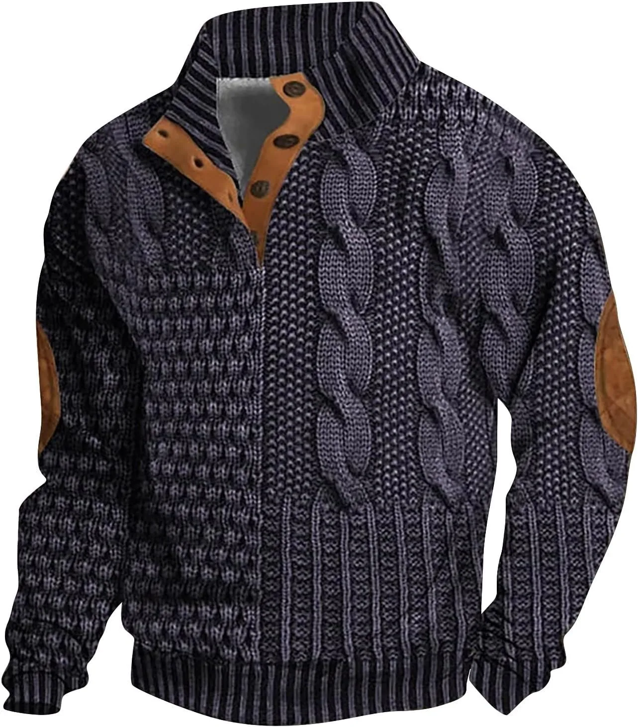 

Мужской свитер с кабельной вязкой, длинный рукав и воротник стойка на пуговицах