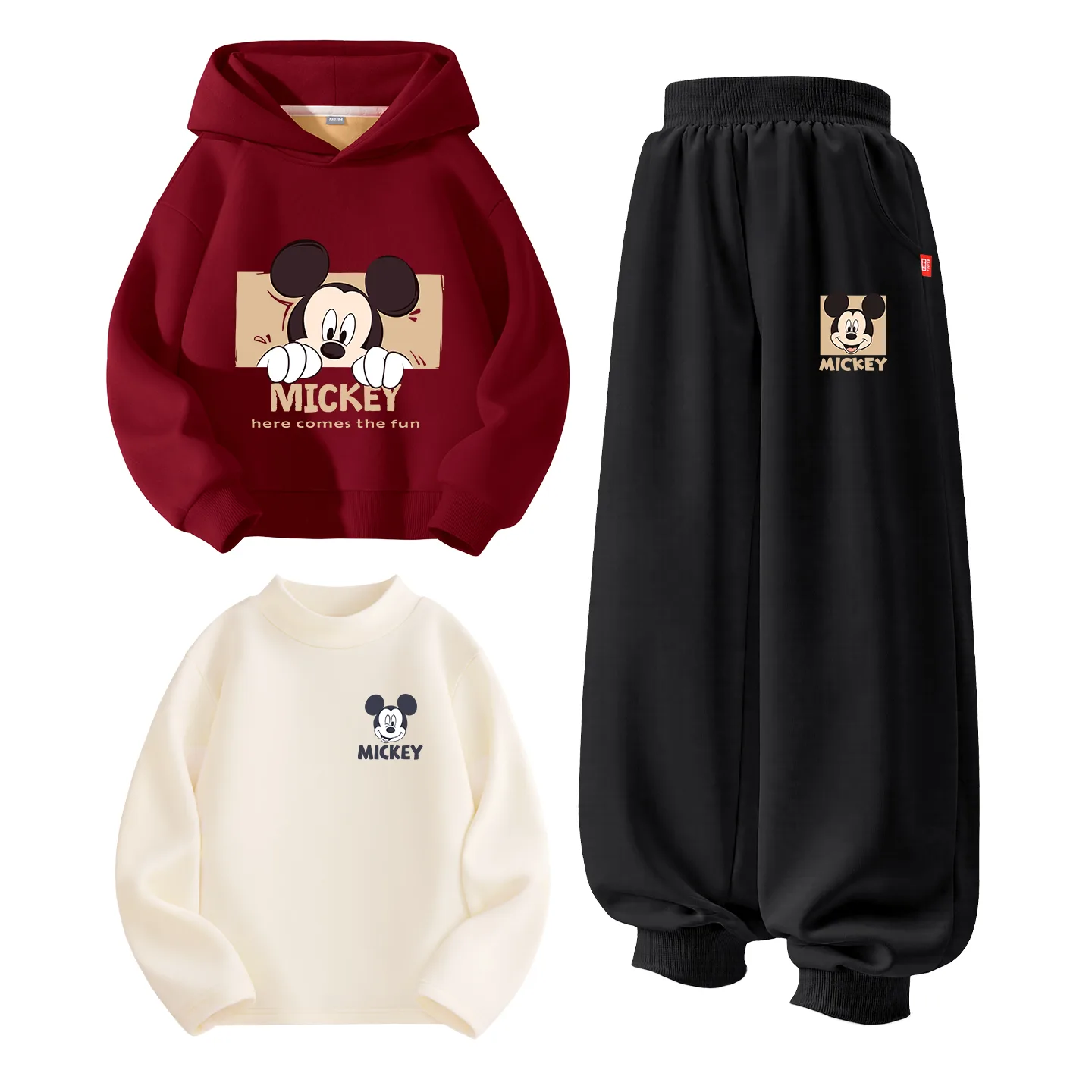 Детская повседневная спортивная одежда утепленная Disney, [Thickened and Fleece-Lined Three-Piece Set]Di Online Burgundy+Di Joy K Black+Di Big Smile K Milk White