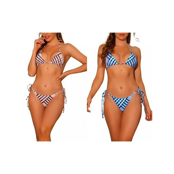 

2 комплекта женского бикини-треугольника с завязками на шее и боках, клетчатый принт Inspire Chic, Blue Pink